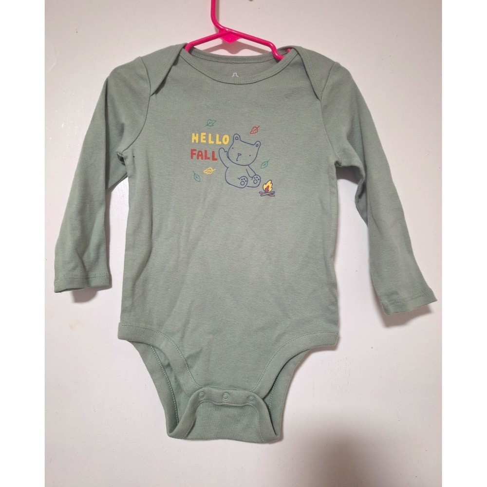 Baby Gap Green Hello Fall Bear Graphic Long Sleeve Snap Bodysuit 18-24M